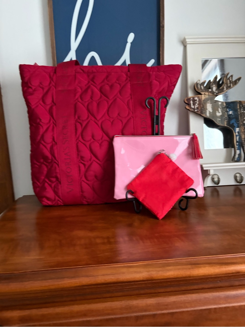 Victoria's Secret Red Quilted Tote with Pink 'Love' Pouch & heart pouch - Picture 2 of 9